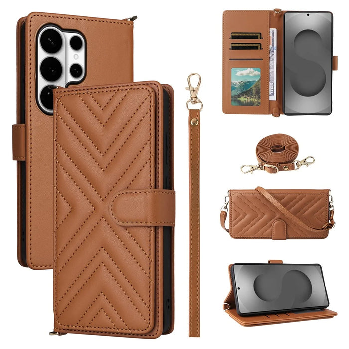 For Samsung Galaxy S26 Ultra Case with Shoulder / Wrist Strap Leather Phone Cover Stand Wallet - Brown - 1