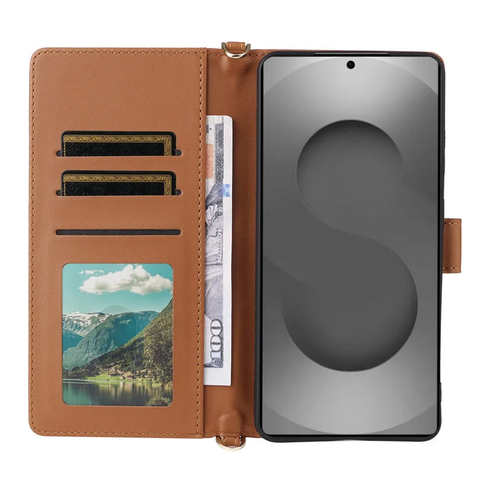 For Samsung Galaxy S26 Ultra Case with Shoulder / Wrist Strap Leather Phone Cover Stand Wallet - Brown - 2