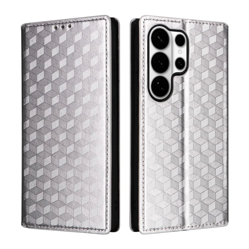 For Samsung Galaxy S26 Ultra Case Wallet Rhombus Imprinted Leather Phone Cover - Silver - 1