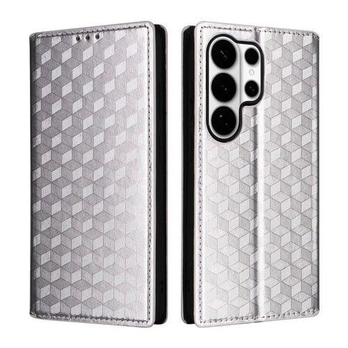 For Samsung Galaxy S26 Ultra Case Wallet Rhombus Imprinted Leather Phone Cover - Silver - 1