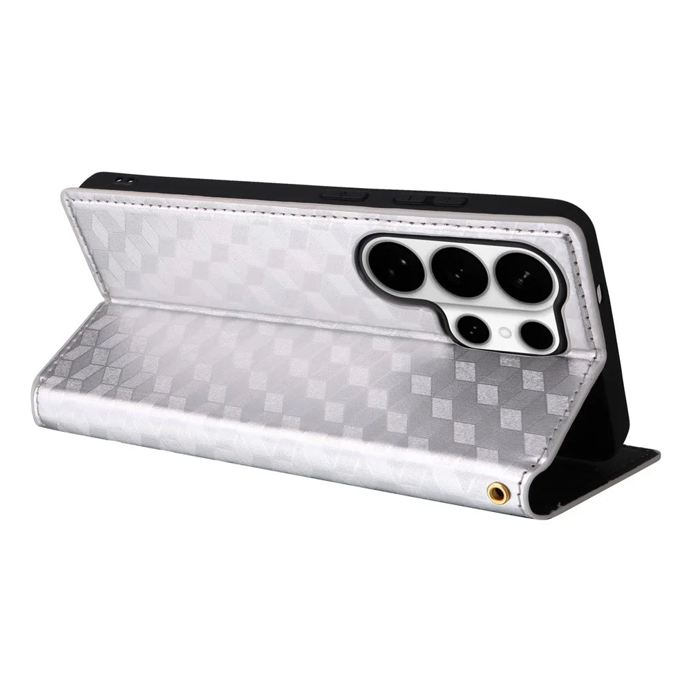 For Samsung Galaxy S26 Ultra Case Wallet Rhombus Imprinted Leather Phone Cover - Silver - 4