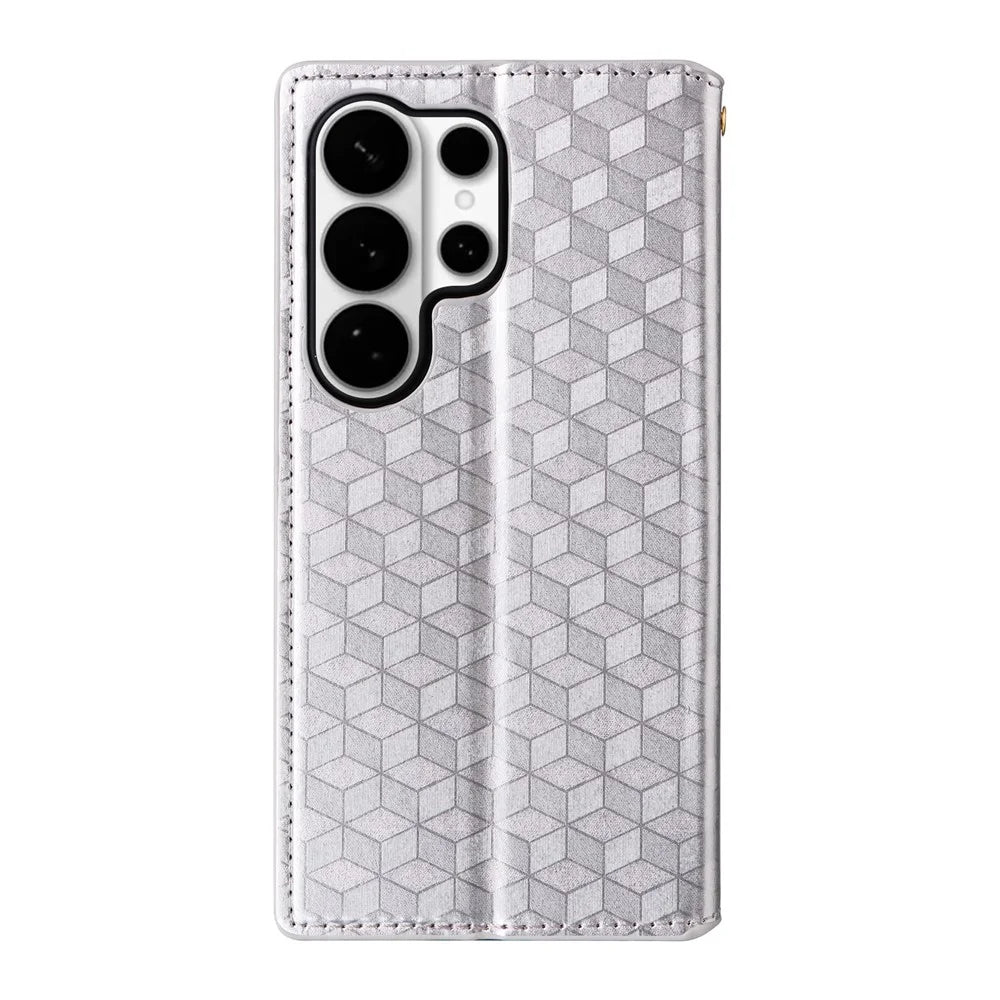For Samsung Galaxy S26 Ultra Case Wallet Rhombus Imprinted Leather Phone Cover - Silver - 7