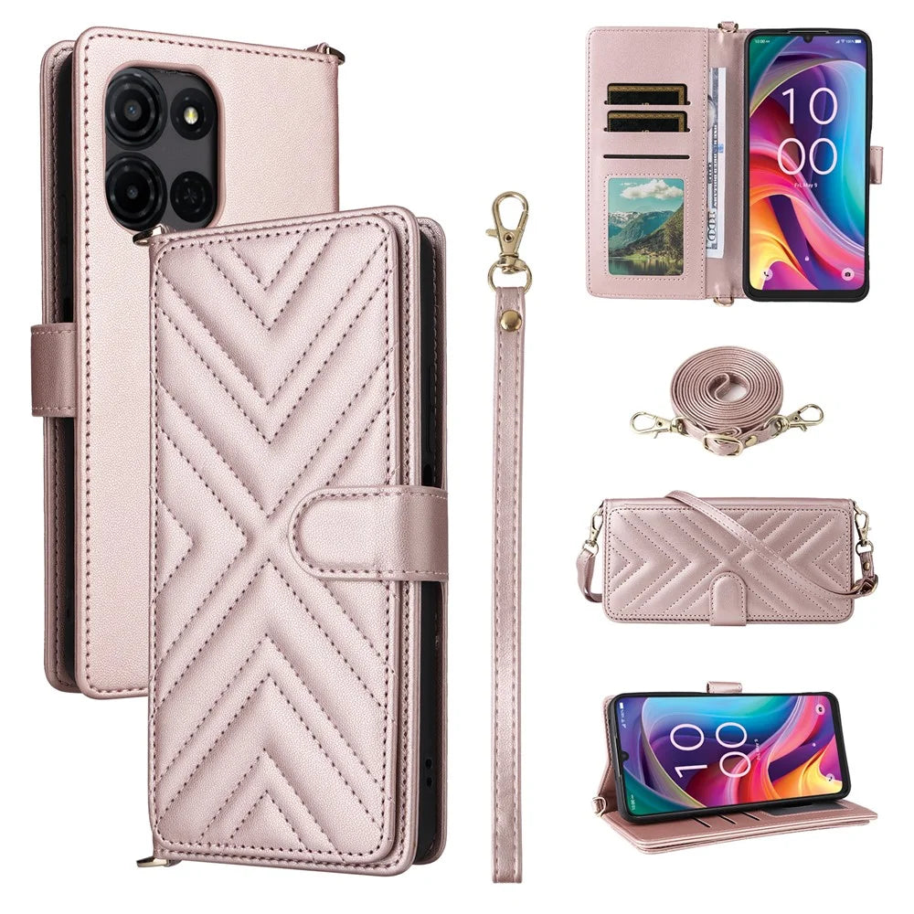 For TCL K33 5G / K32 5G Case with Shoulder / Wrist Strap Leather Phone Cover Stand Wallet - Pink - 1
