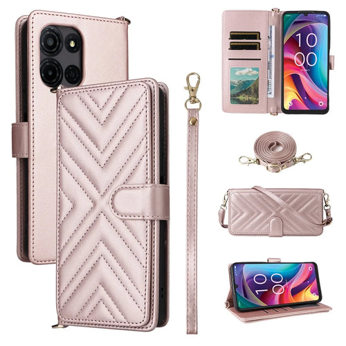 For TCL K33 5G / K32 5G Case with Shoulder / Wrist Strap Leather Phone Cover Stand Wallet - Pink - 1
