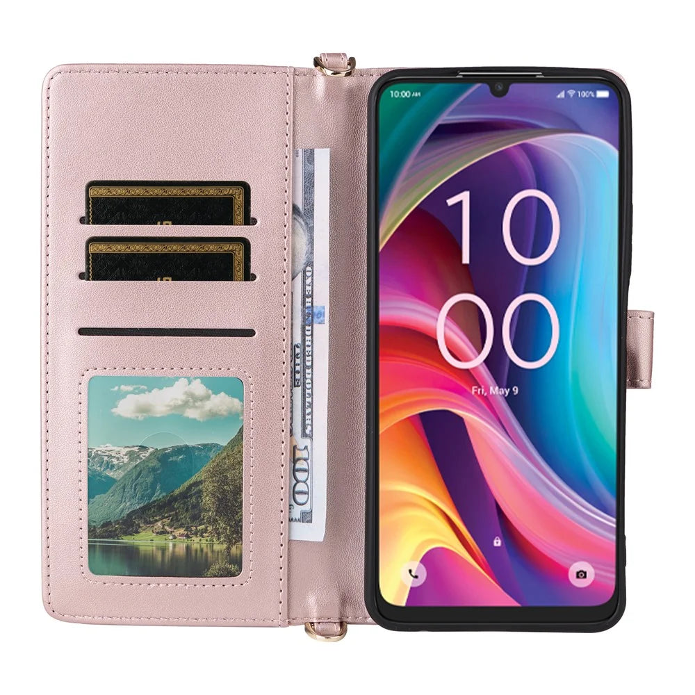 For TCL K33 5G / K32 5G Case with Shoulder / Wrist Strap Leather Phone Cover Stand Wallet - Pink - 2