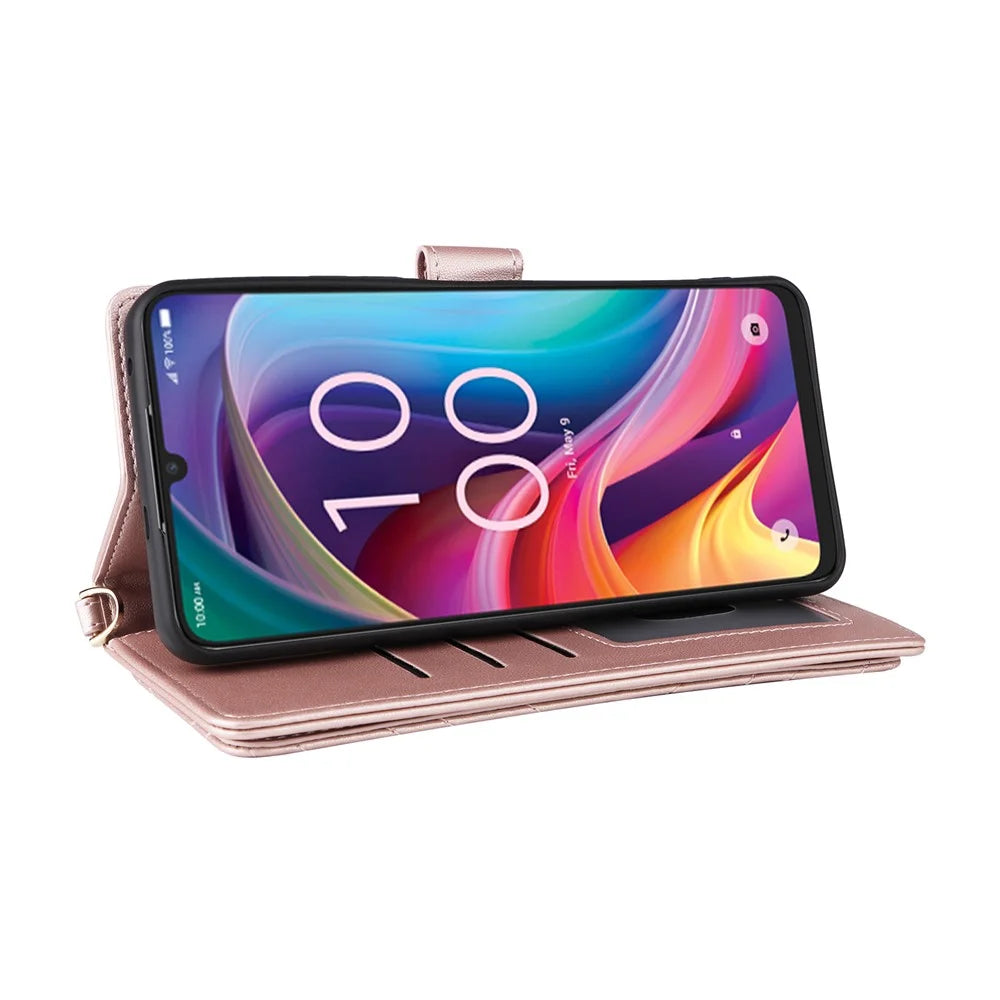 For TCL K33 5G / K32 5G Case with Shoulder / Wrist Strap Leather Phone Cover Stand Wallet - Pink - 3