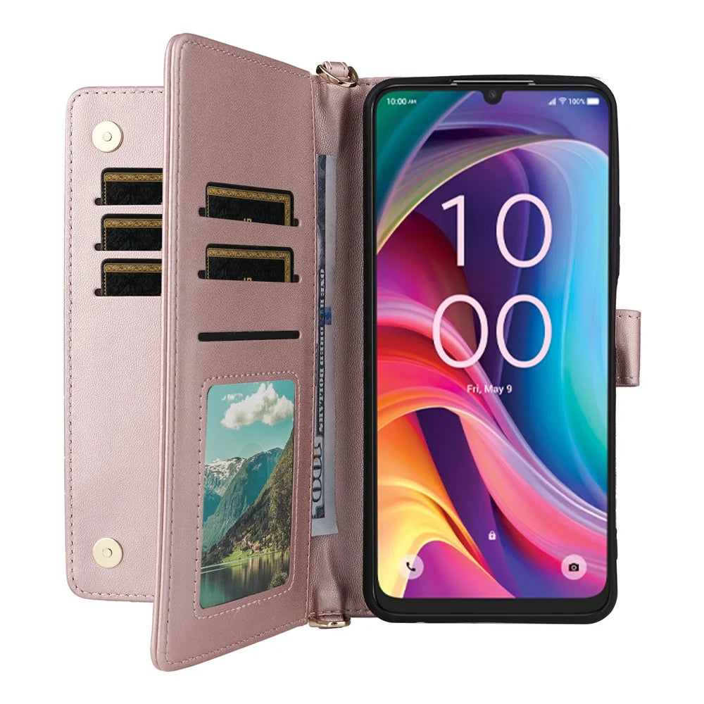 For TCL K33 5G / K32 5G Case with Shoulder / Wrist Strap Leather Phone Cover Stand Wallet - Pink - 5