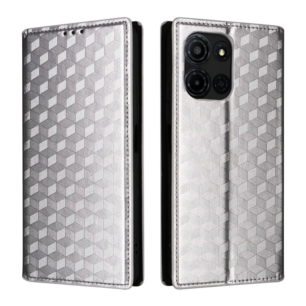 For TCL K33 5G / K32 5G Case Wallet Rhombus Imprinted Leather Phone Cover - Silver - 1