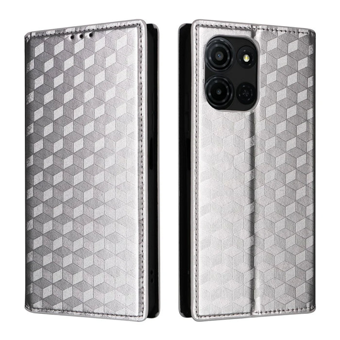 For TCL K33 5G / K32 5G Case Wallet Rhombus Imprinted Leather Phone Cover - Silver - 1