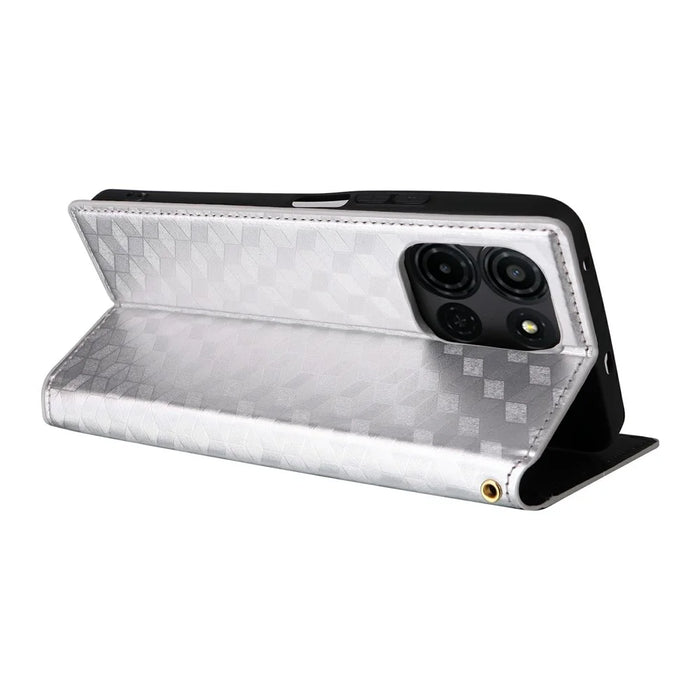 For TCL K33 5G / K32 5G Case Wallet Rhombus Imprinted Leather Phone Cover - Silver - 4