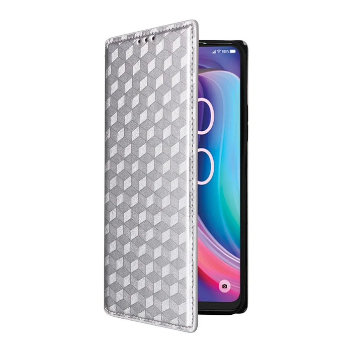 For TCL K33 5G / K32 5G Case Wallet Rhombus Imprinted Leather Phone Cover - Silver - 5