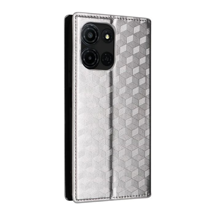 For TCL K33 5G / K32 5G Case Wallet Rhombus Imprinted Leather Phone Cover - Silver - 6