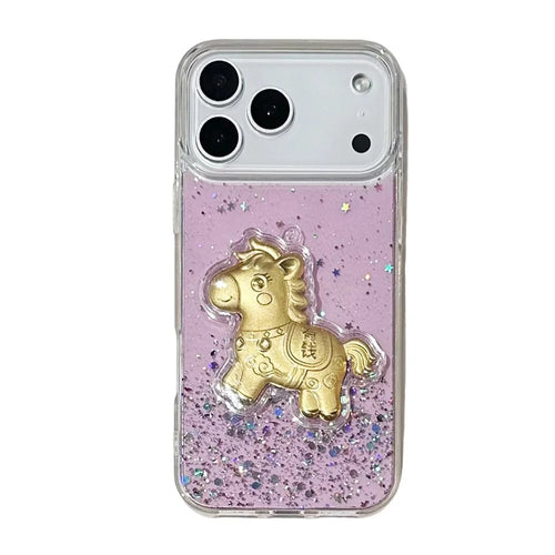 For iPhone 17 Pro Max Case Sparkling Glitter PC Phone Cover with Golden Horse Ornament - Purple - 1