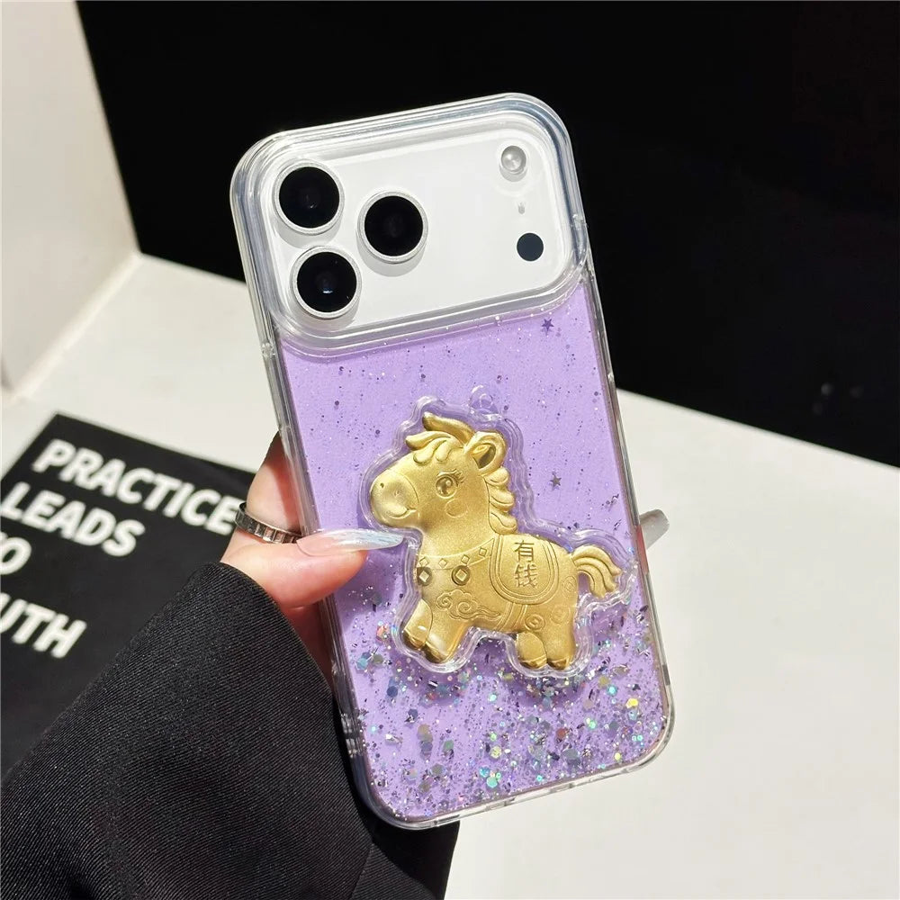 For iPhone 17 Pro Max Case Sparkling Glitter PC Phone Cover with Golden Horse Ornament - Purple - 2
