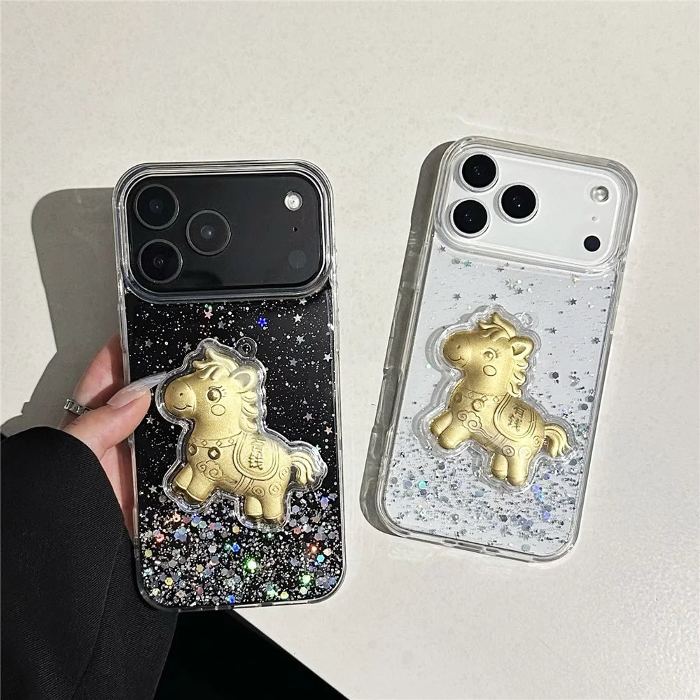 For iPhone 17 Pro Max Case Sparkling Glitter PC Phone Cover with Golden Horse Ornament - Purple - 3