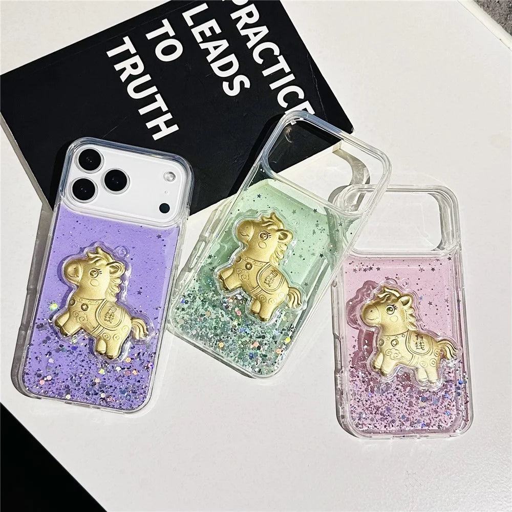 For iPhone 17 Pro Max Case Sparkling Glitter PC Phone Cover with Golden Horse Ornament - Purple - 4