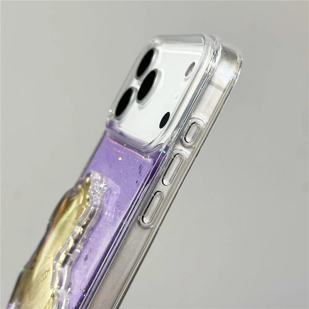 For iPhone 17 Pro Max Case Sparkling Glitter PC Phone Cover with Golden Horse Ornament - Purple - 5