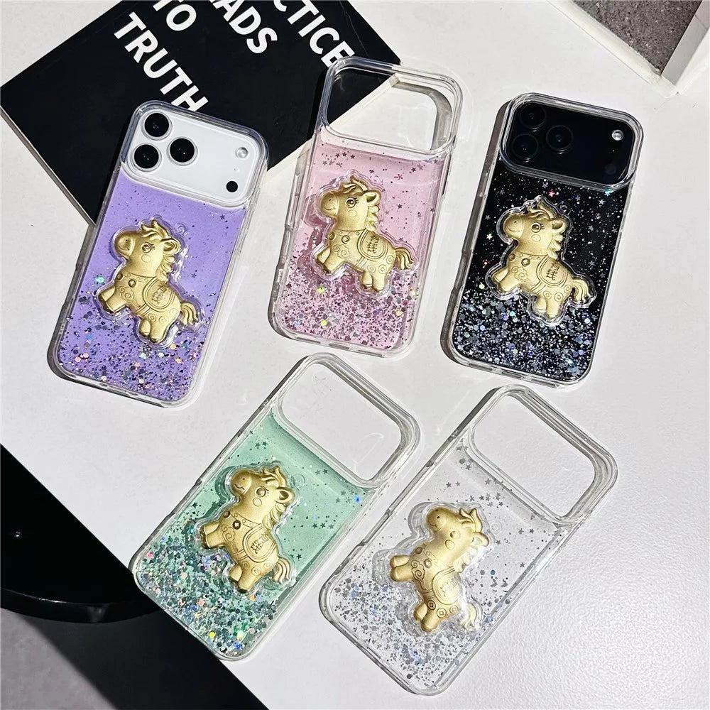 For iPhone 17 Pro Max Case Sparkling Glitter PC Phone Cover with Golden Horse Ornament - Purple - 7