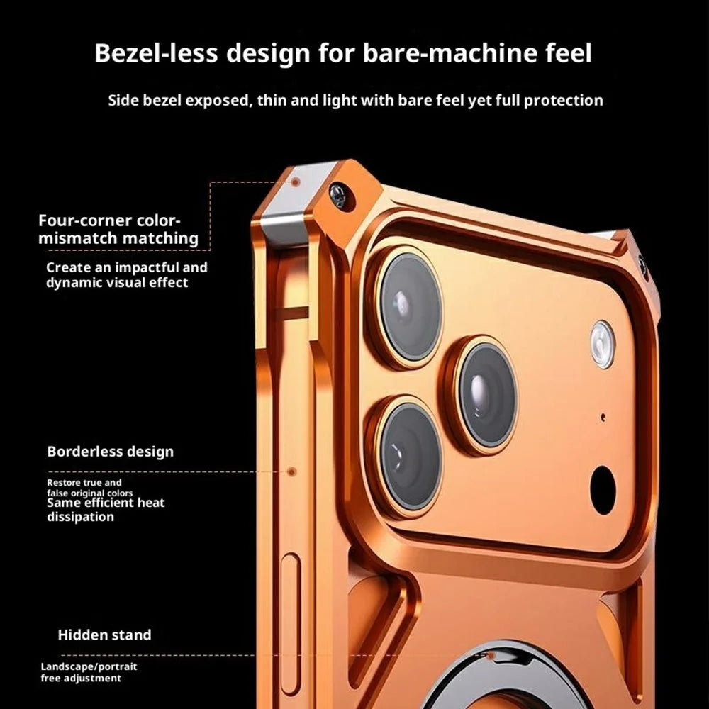 For iPhone 17 Pro Max Case Kickstand Frameless Aluminum Alloy + Silicone Phone Bumper Cover - Orange - 6