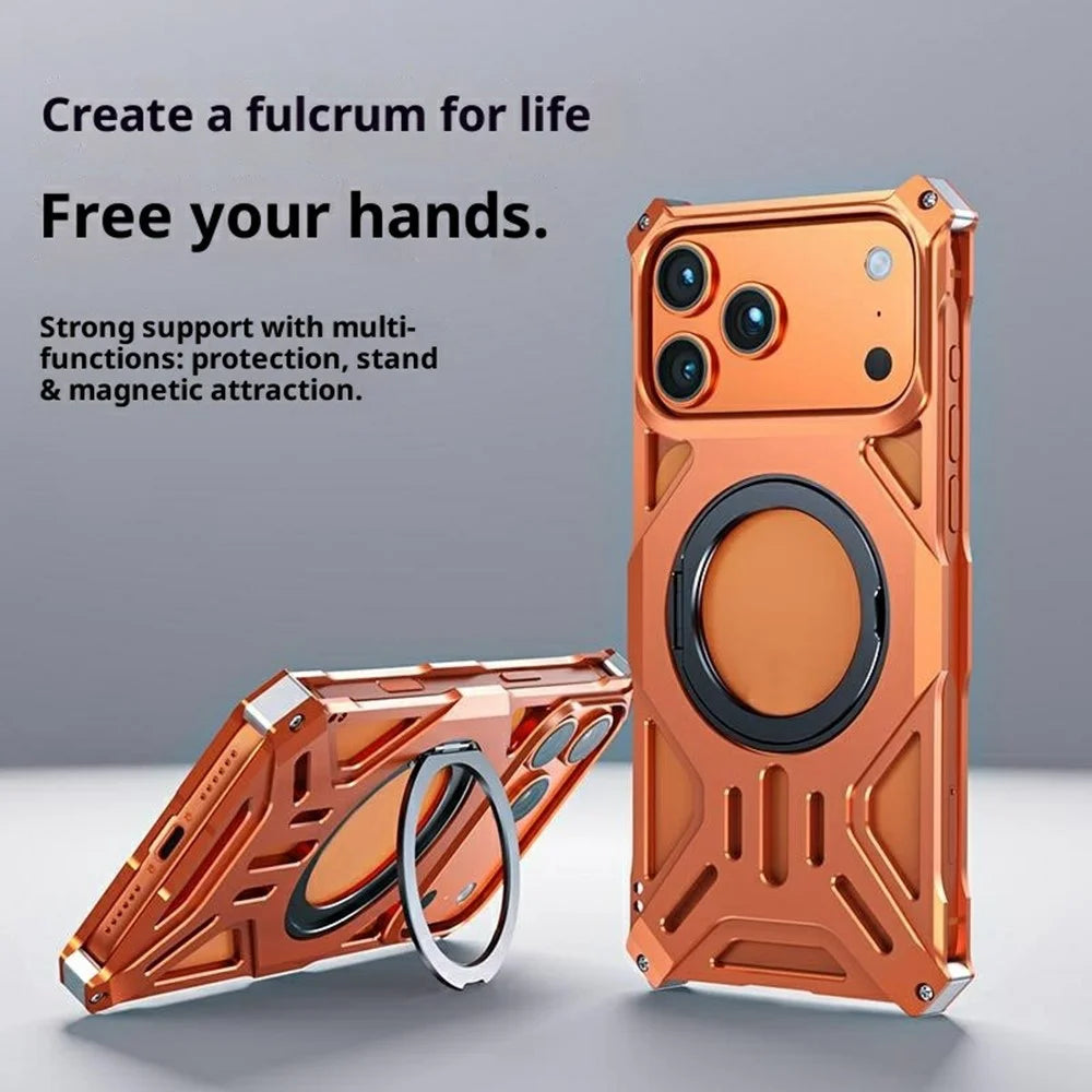 For iPhone 17 Pro Case Kickstand Frameless Aluminum Alloy + Silicone Phone Bumper Cover - Orange - 3