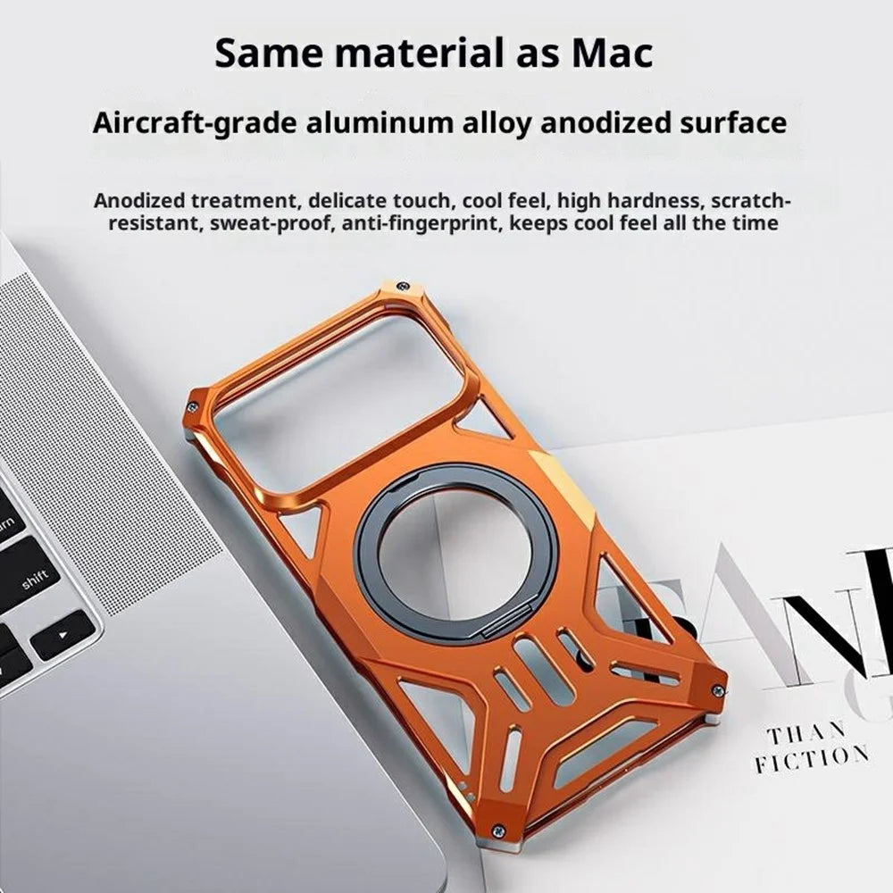 For iPhone 17 Pro Case Kickstand Frameless Aluminum Alloy + Silicone Phone Bumper Cover - Orange - 7