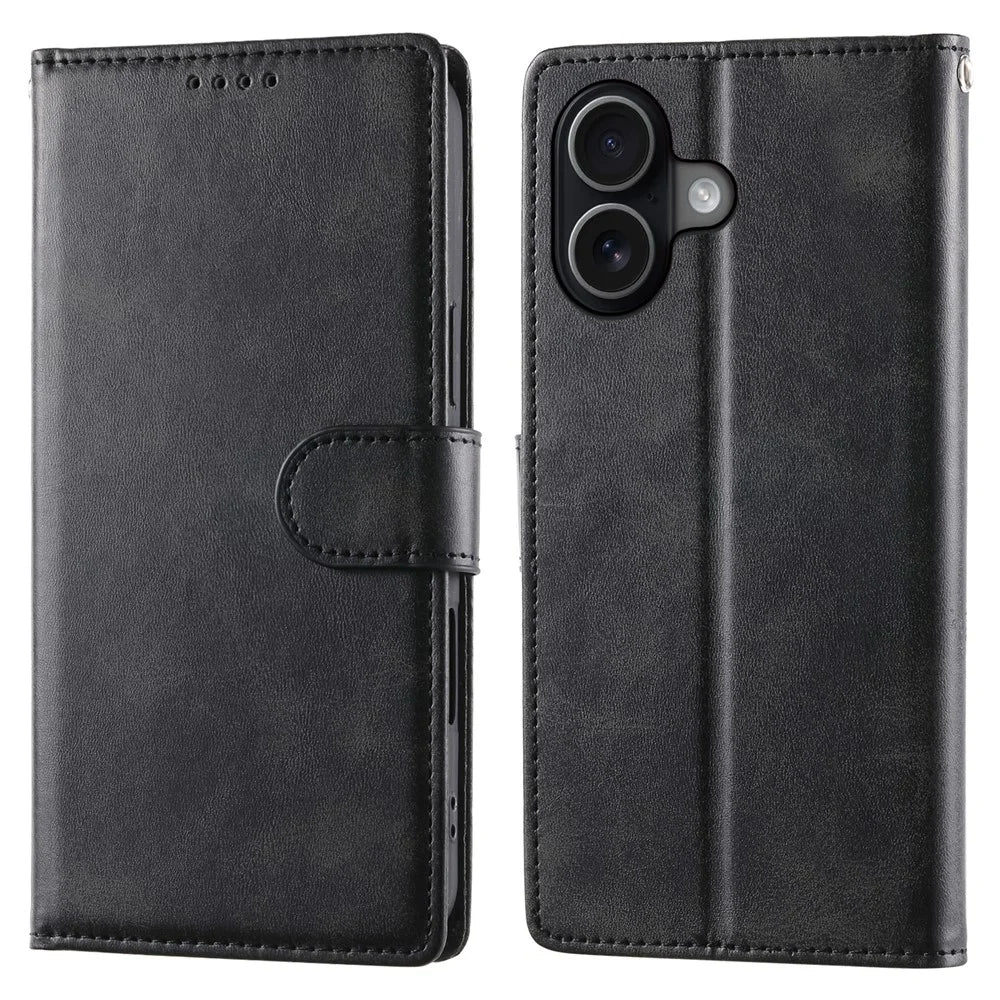 For iPhone 17 Case Stand Wallet Calf Texture PU Leather Flip Phone Cover with Wrist Strap - Black - 1