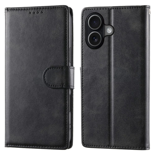 For iPhone 17 Case Stand Wallet Calf Texture PU Leather Flip Phone Cover with Wrist Strap - Black - 1