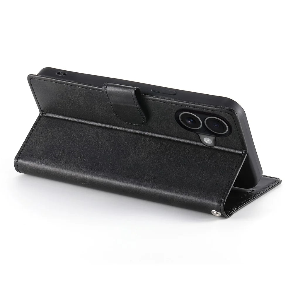 For iPhone 17 Case Stand Wallet Calf Texture PU Leather Flip Phone Cover with Wrist Strap - Black - 3