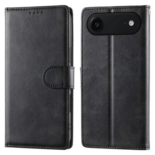 For iPhone Air Case Stand Wallet Calf Texture PU Leather Flip Phone Cover with Wrist Strap - Black - 1