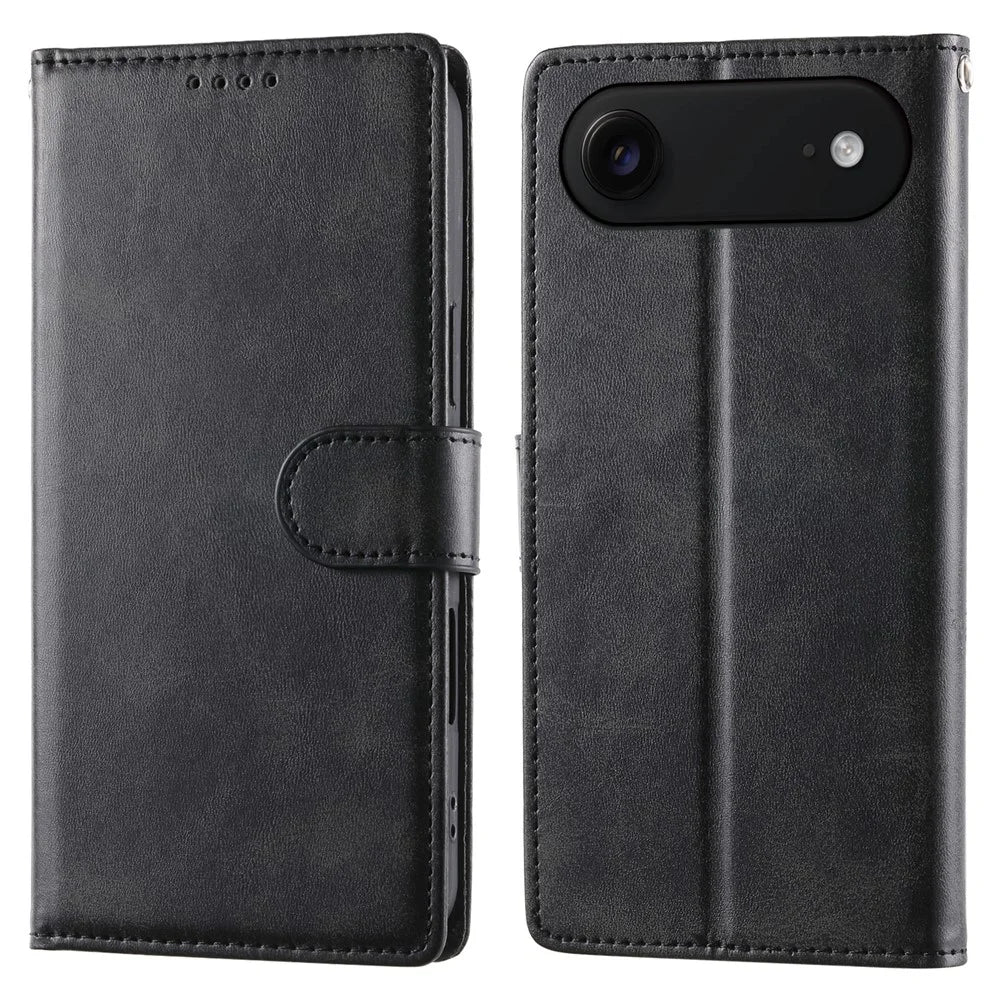 For iPhone Air Case Stand Wallet Calf Texture PU Leather Flip Phone Cover with Wrist Strap - Black - 1