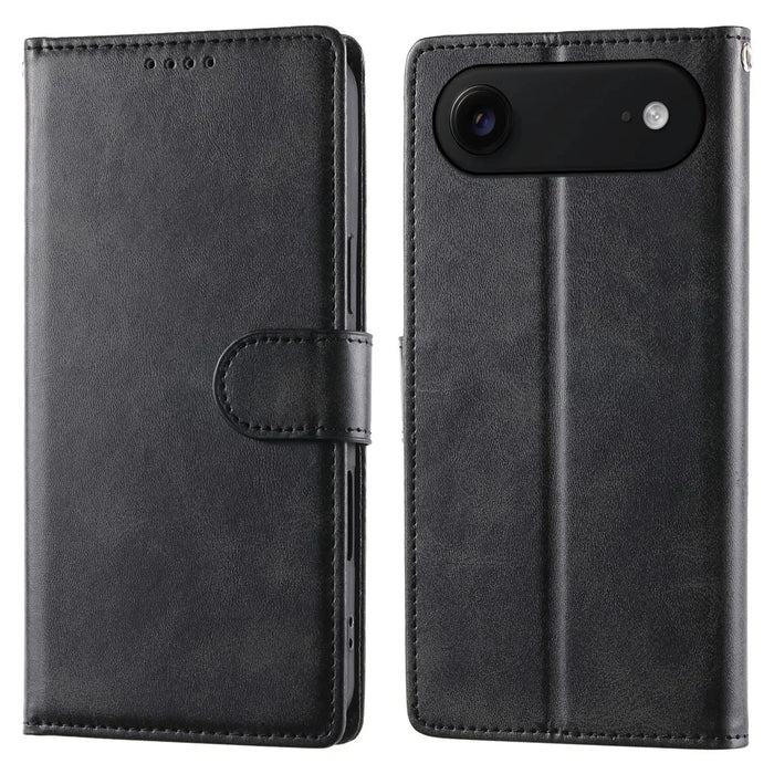 For iPhone Air Case Stand Wallet Calf Texture PU Leather Flip Phone Cover with Wrist Strap - Black - 1