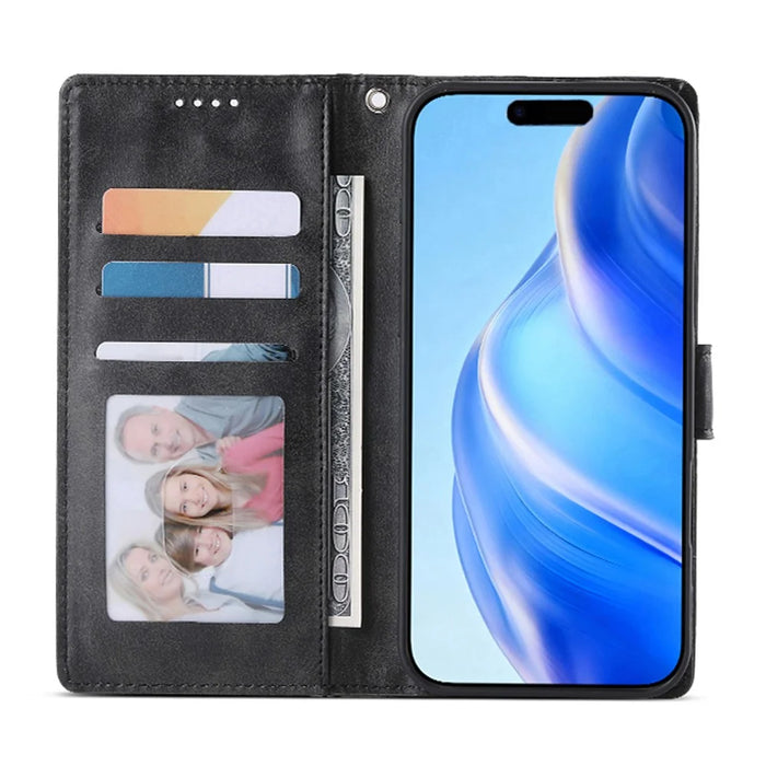 For iPhone Air Case Stand Wallet Calf Texture PU Leather Flip Phone Cover with Wrist Strap - Black - 2