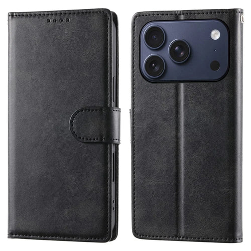 For iPhone 18 Pro / 17 Pro Case Stand Wallet Calf Texture PU Leather Flip Phone Cover with Wrist Strap - Black - 1