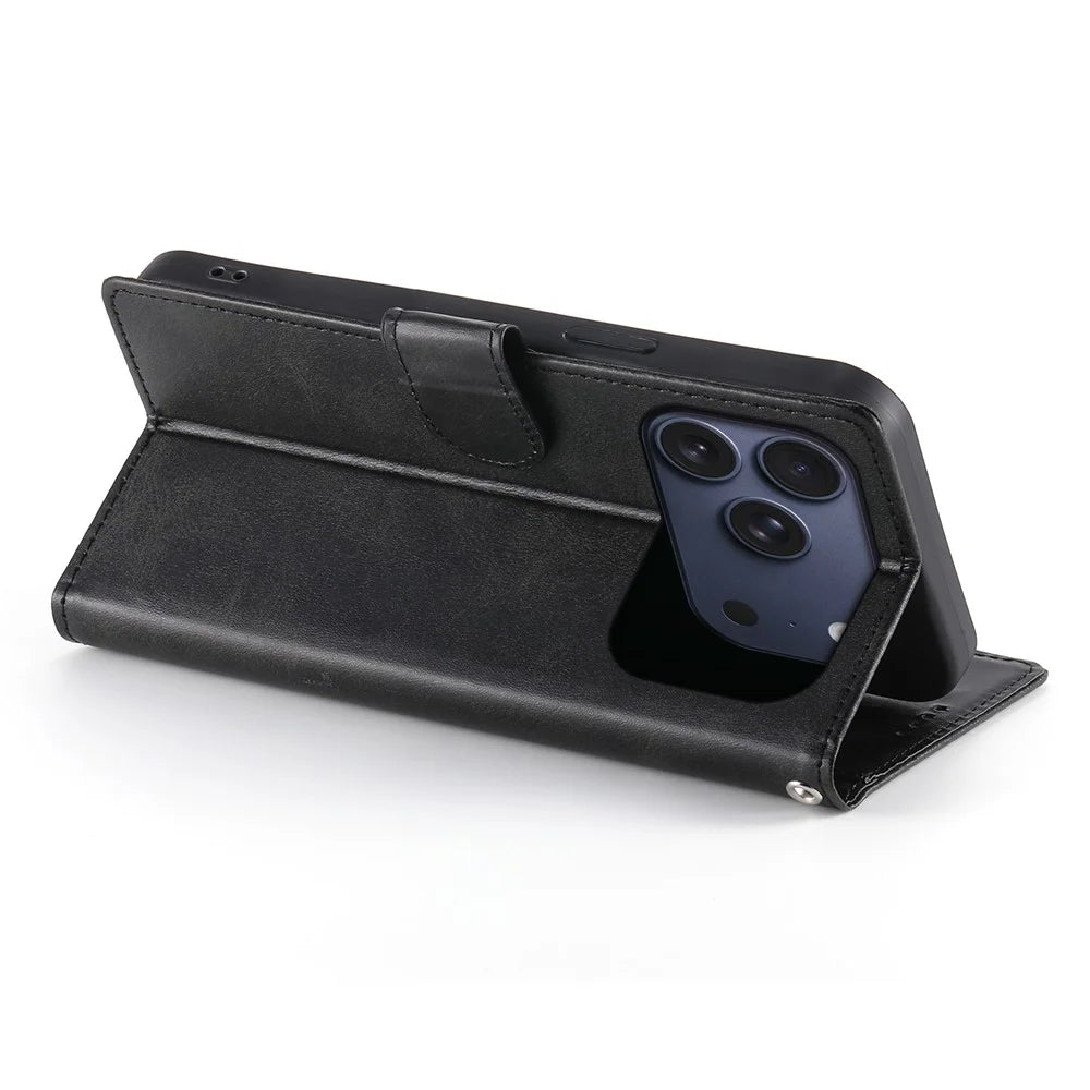 For iPhone 18 Pro / 17 Pro Case Stand Wallet Calf Texture PU Leather Flip Phone Cover with Wrist Strap - Black - 3