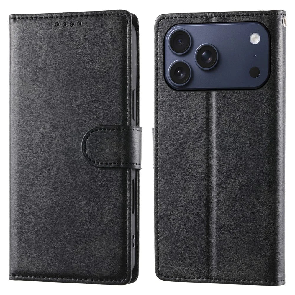 For iPhone 18 Pro Max / 17 Pro Max Case Stand Wallet Calf Texture PU Leather Flip Phone Cover with Wrist Strap - Black - 1