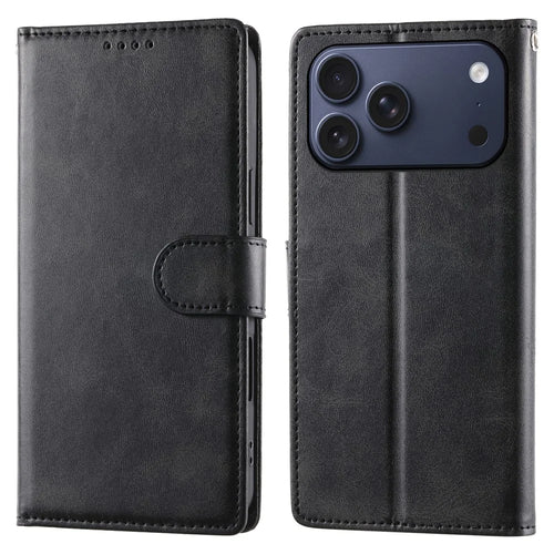 For iPhone 18 Pro Max / 17 Pro Max Case Stand Wallet Calf Texture PU Leather Flip Phone Cover with Wrist Strap - Black - 1