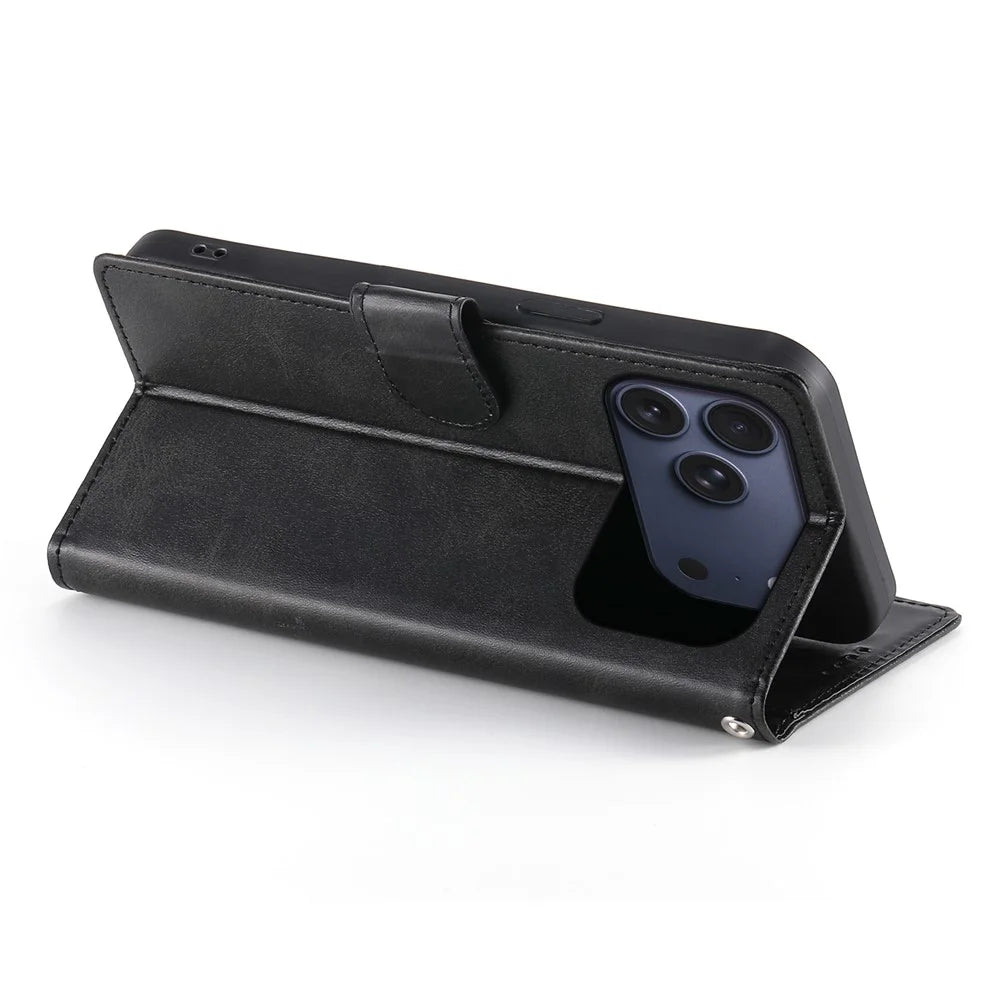 For iPhone 18 Pro Max / 17 Pro Max Case Stand Wallet Calf Texture PU Leather Flip Phone Cover with Wrist Strap - Black - 3