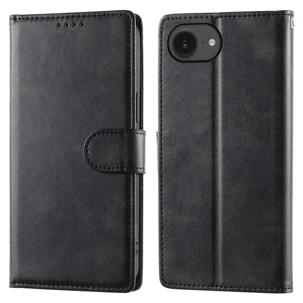 For iPhone 17e / 16e Case Stand Wallet Calf Texture PU Leather Flip Phone Cover with Wrist Strap - Black - 1