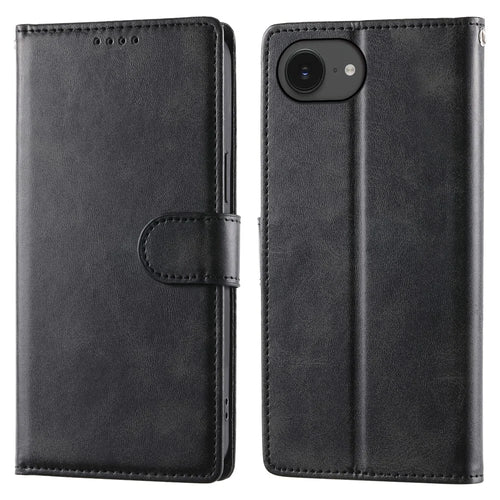 For iPhone 17e / 16e Case Stand Wallet Calf Texture PU Leather Flip Phone Cover with Wrist Strap - Black - 1