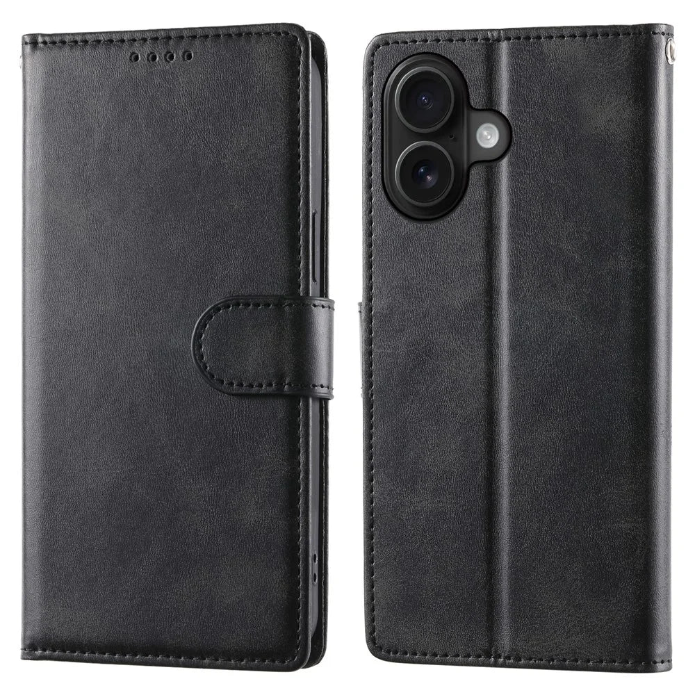 For iPhone 16 Case Stand Wallet Calf Texture PU Leather Flip Phone Cover with Wrist Strap - Black - 1