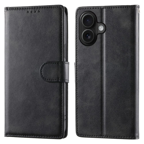 For iPhone 16 Case Stand Wallet Calf Texture PU Leather Flip Phone Cover with Wrist Strap - Black - 1
