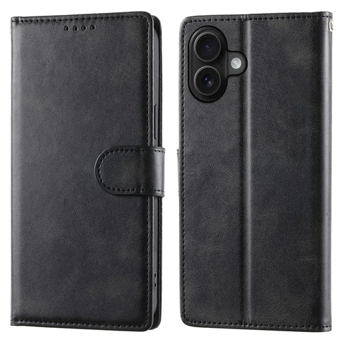 For iPhone 16 Plus Case Stand Wallet Calf Texture PU Leather Flip Phone Cover with Wrist Strap - Black - 1