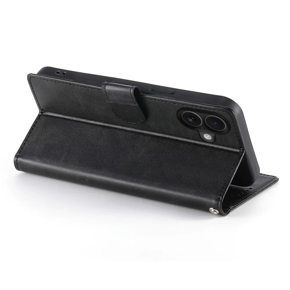 For iPhone 16 Plus Case Stand Wallet Calf Texture PU Leather Flip Phone Cover with Wrist Strap - Black - 3