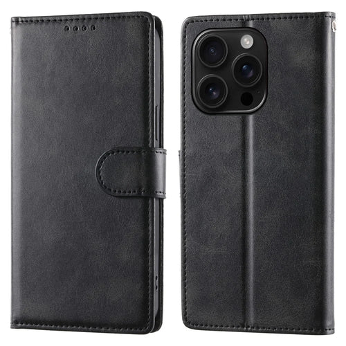 For iPhone 16 Pro Case Stand Wallet Calf Texture PU Leather Flip Phone Cover with Wrist Strap - Black - 1