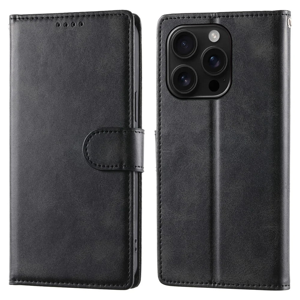 For iPhone 16 Pro Case Stand Wallet Calf Texture PU Leather Flip Phone Cover with Wrist Strap - Black - 1