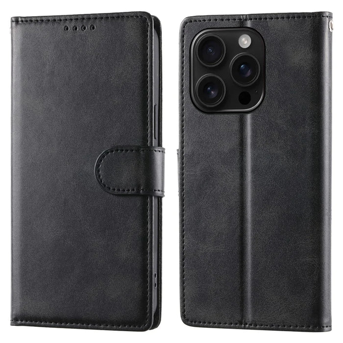 For iPhone 16 Pro Case Stand Wallet Calf Texture PU Leather Flip Phone Cover with Wrist Strap - Black - 1