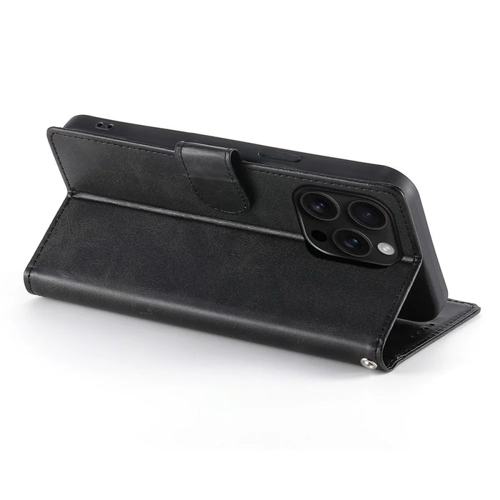 For iPhone 16 Pro Case Stand Wallet Calf Texture PU Leather Flip Phone Cover with Wrist Strap - Black - 3