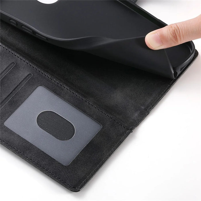 For iPhone 16 Pro Case Stand Wallet Calf Texture PU Leather Flip Phone Cover with Wrist Strap - Black - 6