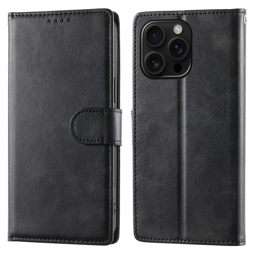 For iPhone 16 Pro Max Case Stand Wallet Calf Texture PU Leather Flip Phone Cover with Wrist Strap - Black - 1