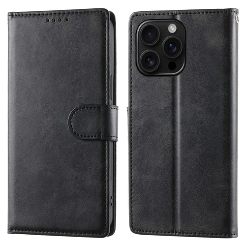 For iPhone 16 Pro Max Case Stand Wallet Calf Texture PU Leather Flip Phone Cover with Wrist Strap - Black - 1